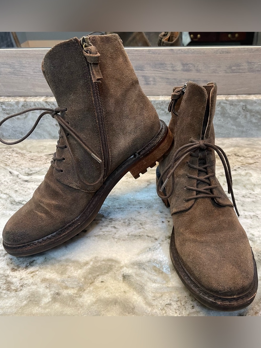 Sofft Lilia Brown Suede Lace-Up Ankle Combat Boots Lug Sole